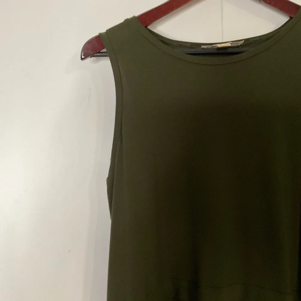 Michael Kors Army Green Sheer Layered Panels; Logo Emblem Tank Top; Size Medium